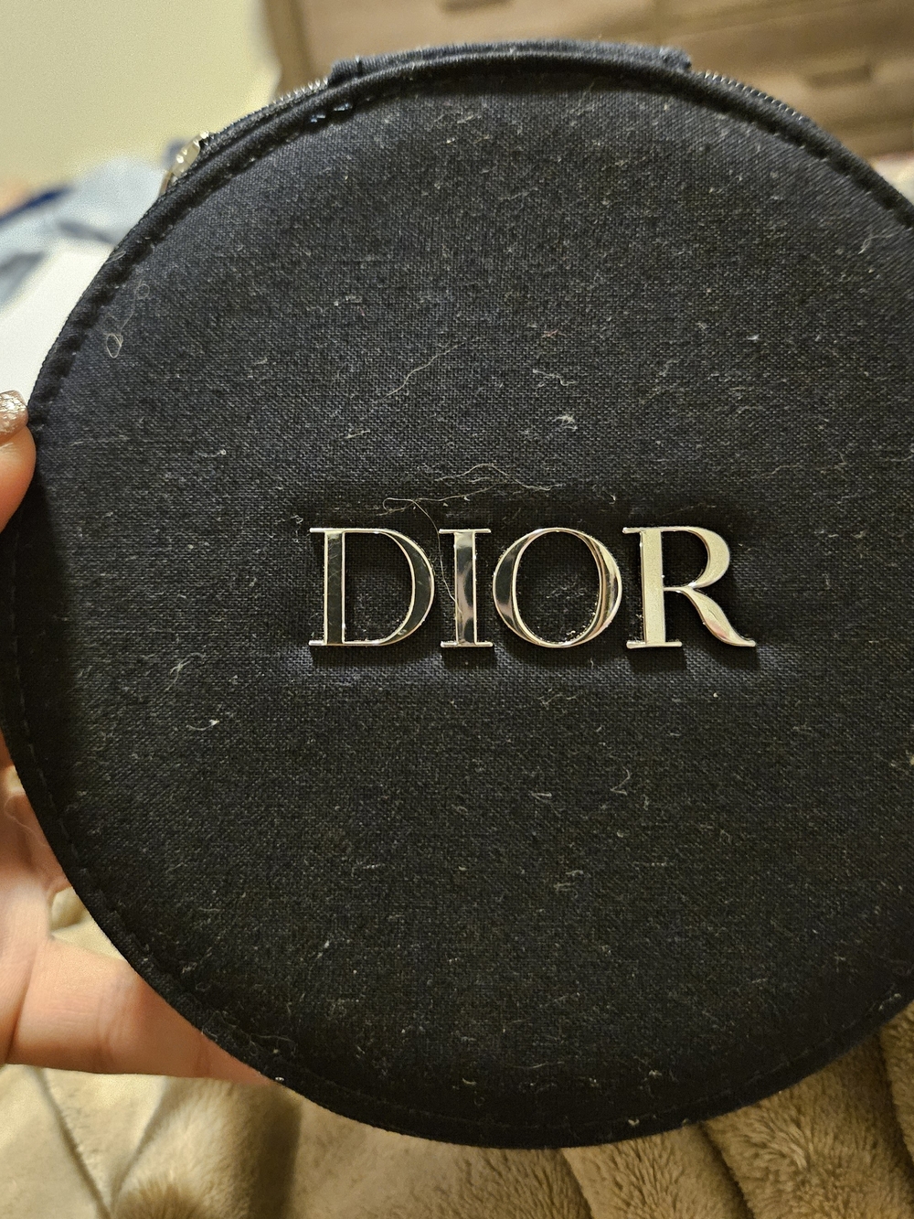 Dior Black Round Cosmetic Case with Silver Logo